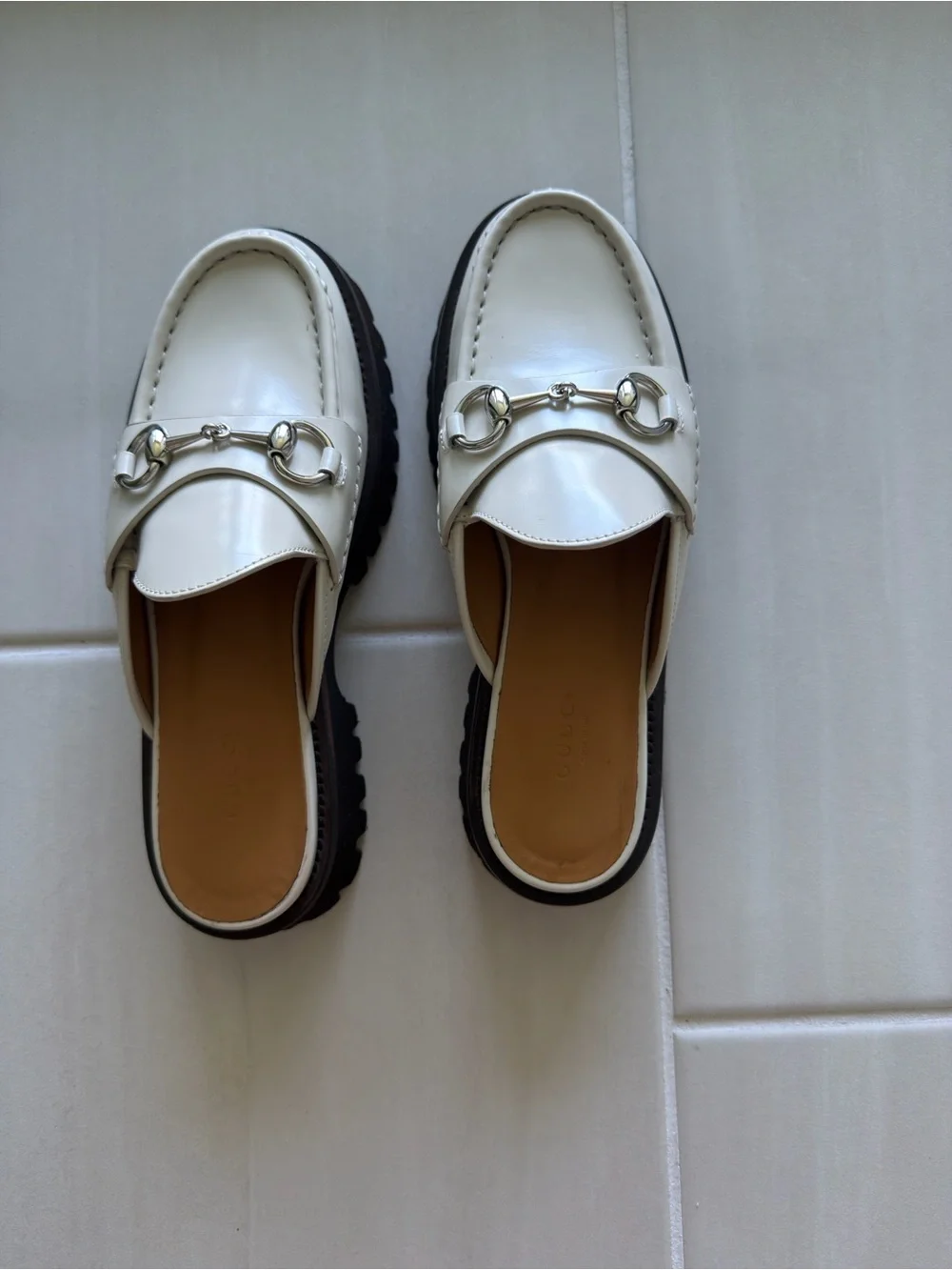 Gucci Cream Leather Horsebit Backless Loafers